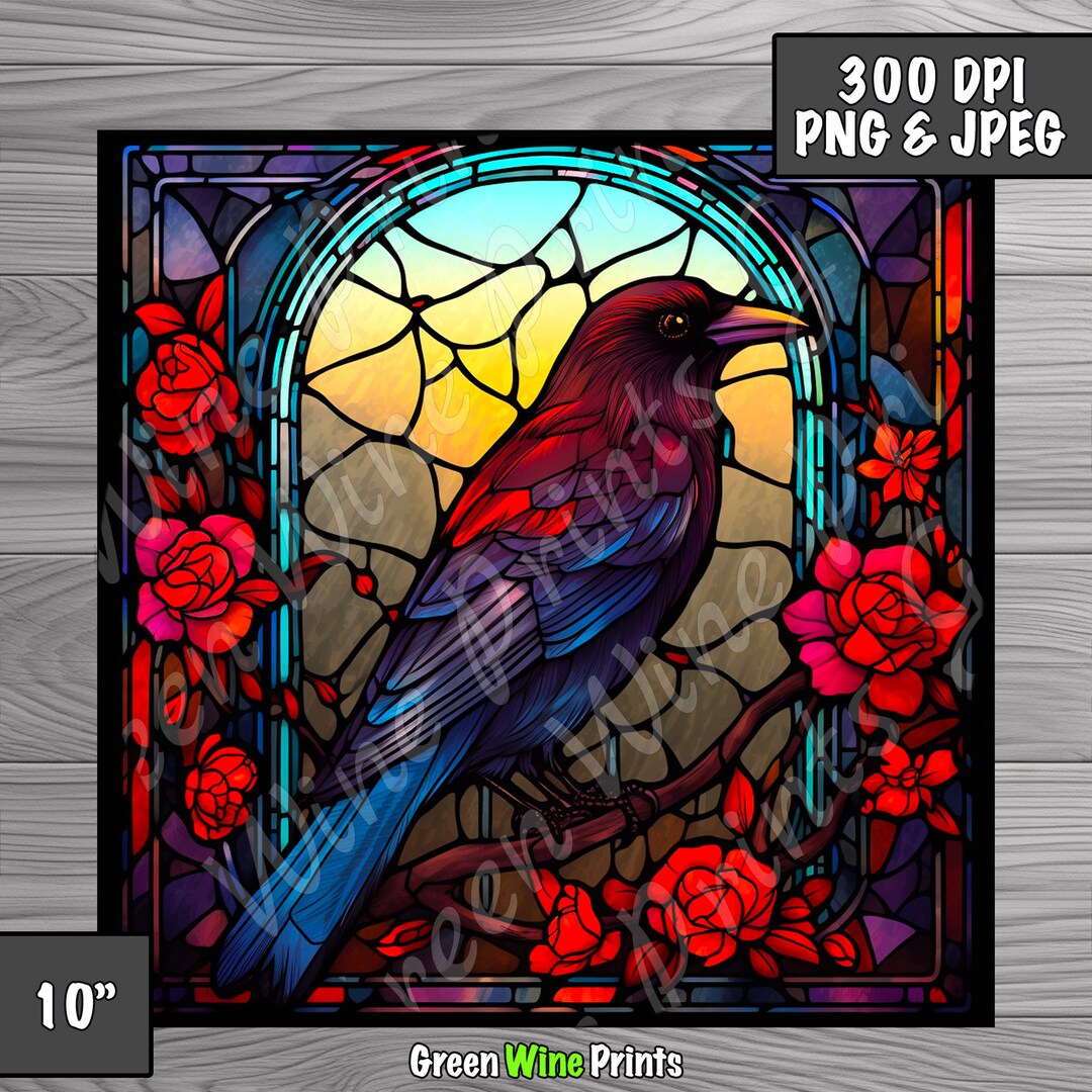 Crow Stained Glass Clipart, Colorful Crow Sublimation Wrap, Faux