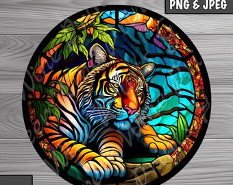 カラフルな虎のステンドグラス昇華、フェイクステンドグラスPNG、DIY