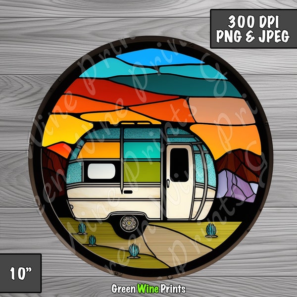 Trailer Stained Glass Clipart, Camper Sublimation PNG, Camper Trailer Caravan RV Stain Glass Digital Print, Instant Download, Commercial Use