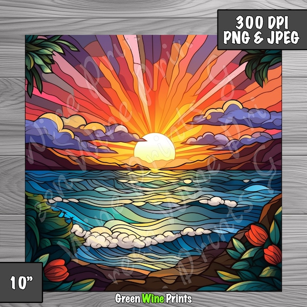 Beach Sunset Stained Glass Clipart, Sunset Tumbler wrap, Faux Stained Glass, Stain Glass Digital Print PNG, Instant Download, Commercial Use