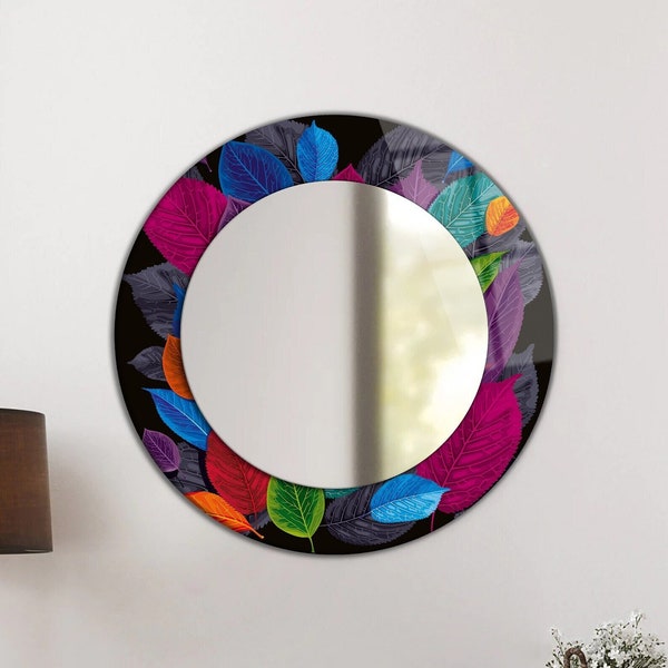 Miroir avec cadre en verre, Décoration murale unique en noir, Vitrail abstrait, Miroir décoratif, Miroir rond, Verre trempé