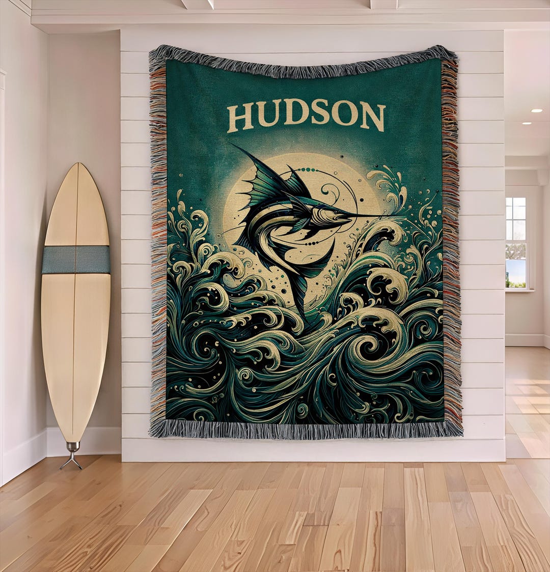 Coastal Marlin Woven Blanket - Nautical Ocean Wave Throw - Etsy