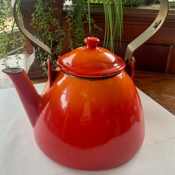 Descoware Orange Flame Enamel Cast Iron Teapot ~Made in Belgium