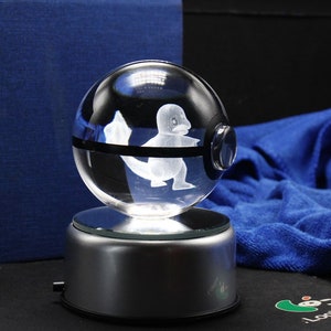 3D Crystal Ball Pokeballs with LED Light Base, 5-10cm Kids Gift Collectable Toys Charizard Mewtwo Pikachu Gengar Figures Engraving Model Charmander