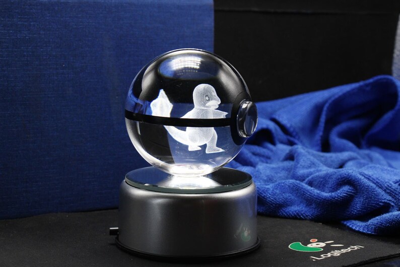 3D Crystal Ball Pokeballs with LED Light Base, 5-10cm Kids Gift Collectable Toys Charizard Mewtwo Pikachu Gengar Figures Engraving Model Charmander