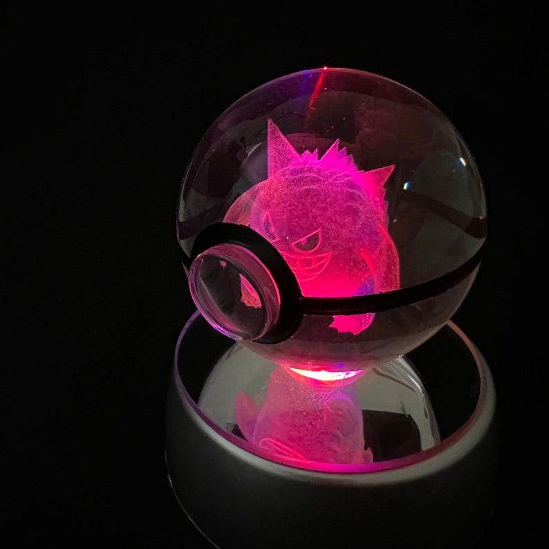 3D Crystal Ball Pokeballs with LED Light Base, 5-10cm Kids Gift Collectable Toys Charizard Mewtwo Pikachu Gengar Figures Engraving Model Gengar
