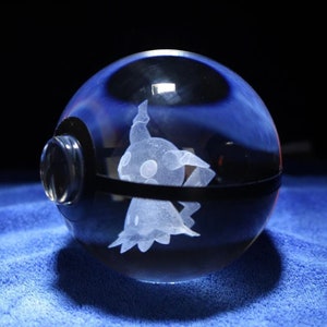 3D Crystal Ball Pokeballs with LED Light Base, 5-10cm Kids Gift Collectable Toys Charizard Mewtwo Pikachu Gengar Figures Engraving Model Mimikyu