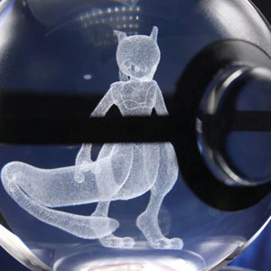 3D Crystal Ball Pokeballs with LED Light Base, 5-10cm Kids Gift Collectable Toys Charizard Mewtwo Pikachu Gengar Figures Engraving Model Mewtwo