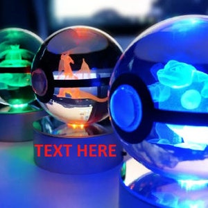 3D Crystal Ball Pokeballs with LED Light Base, 5-10cm Kids Gift Collectable Toys Charizard Mewtwo Pikachu Gengar Figures Engraving Model Charizard