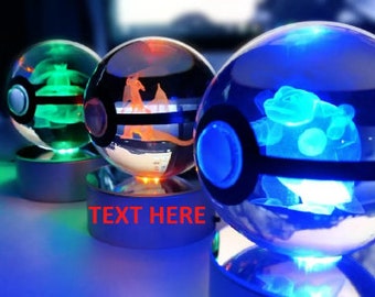 3D Crystal Ball Pokeballs with LED Light Base, 5-10cm Kids Gift Collectable Toys Charizard Mewtwo Pikachu Gengar Figures Engraving Model