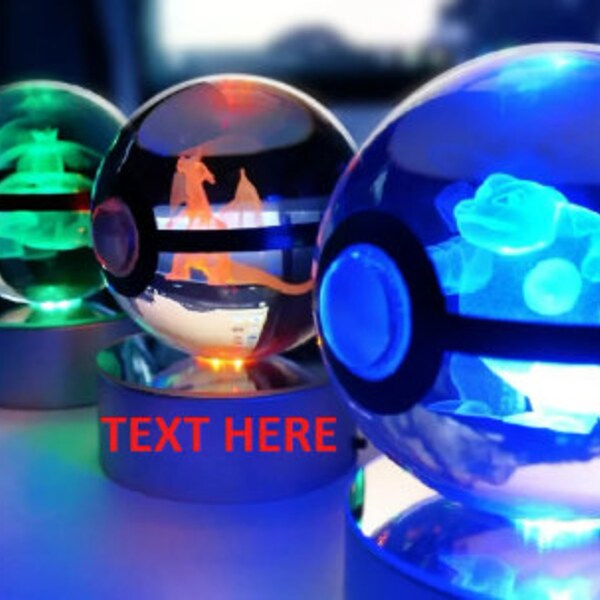 3D Crystal Ball Pokeballs with LED Light Base, 5-10cm Kids Gift Collectable Toys Charizard Mewtwo Pikachu Gengar Figures Engraving Model