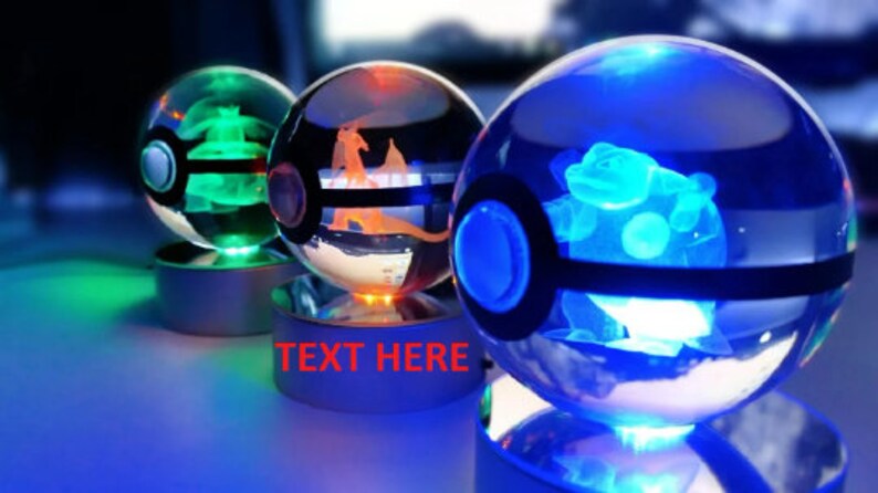 3D Crystal Ball Pokeballs with LED Light Base, 5-10cm Kids Gift Collectable Toys Charizard Mewtwo Pikachu Gengar Figures Engraving Model Charizard