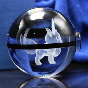 3D Crystal Ball Pokeballs with LED Light Base, 5-10cm Kids Gift Collectable Toys Charizard Mewtwo Pikachu Gengar Figures Engraving Model Eevee