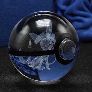 3D Crystal Ball Pokeballs with LED Light Base, 5-10cm Kids Gift Collectable Toys Charizard Mewtwo Pikachu Gengar Figures Engraving Model Sylveon