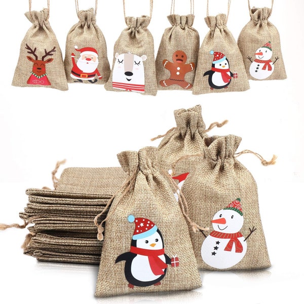 Pakket van 12 jute cadeauzakjes Kerstcadeauzakjes Grote 15cm Hessische kerstcadeauzakjes, kleine jutecadeauzakjes ideaal voor kindersnoepjes