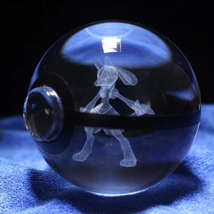 3D Crystal Ball Pokeballs with LED Light Base, 5-10cm Kids Gift Collectable Toys Charizard Mewtwo Pikachu Gengar Figures Engraving Model Lucario