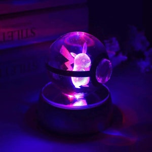 3D Crystal Ball Pokeballs with LED Light Base, 5-10cm Kids Gift Collectable Toys Charizard Mewtwo Pikachu Gengar Figures Engraving Model Pikachu