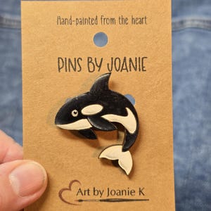 Killer Whale Lapel Pin 1.5&quot; Hand-painted Wood Nature Joanie Art