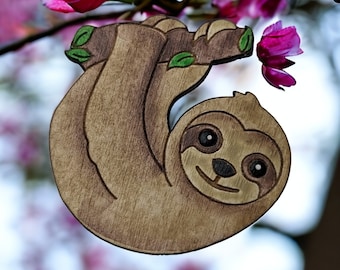 Adorable Baby Sloth Pin or Magnet 1.5" Hand-painted Wood Nature Friend Art Jewelry Joanie