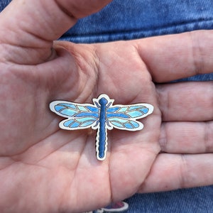 Dreamy Dragonfly Lapel Pin or Magnet 1.5&quot; Hand-painted Wood Nature Art Jewelry Joanie
