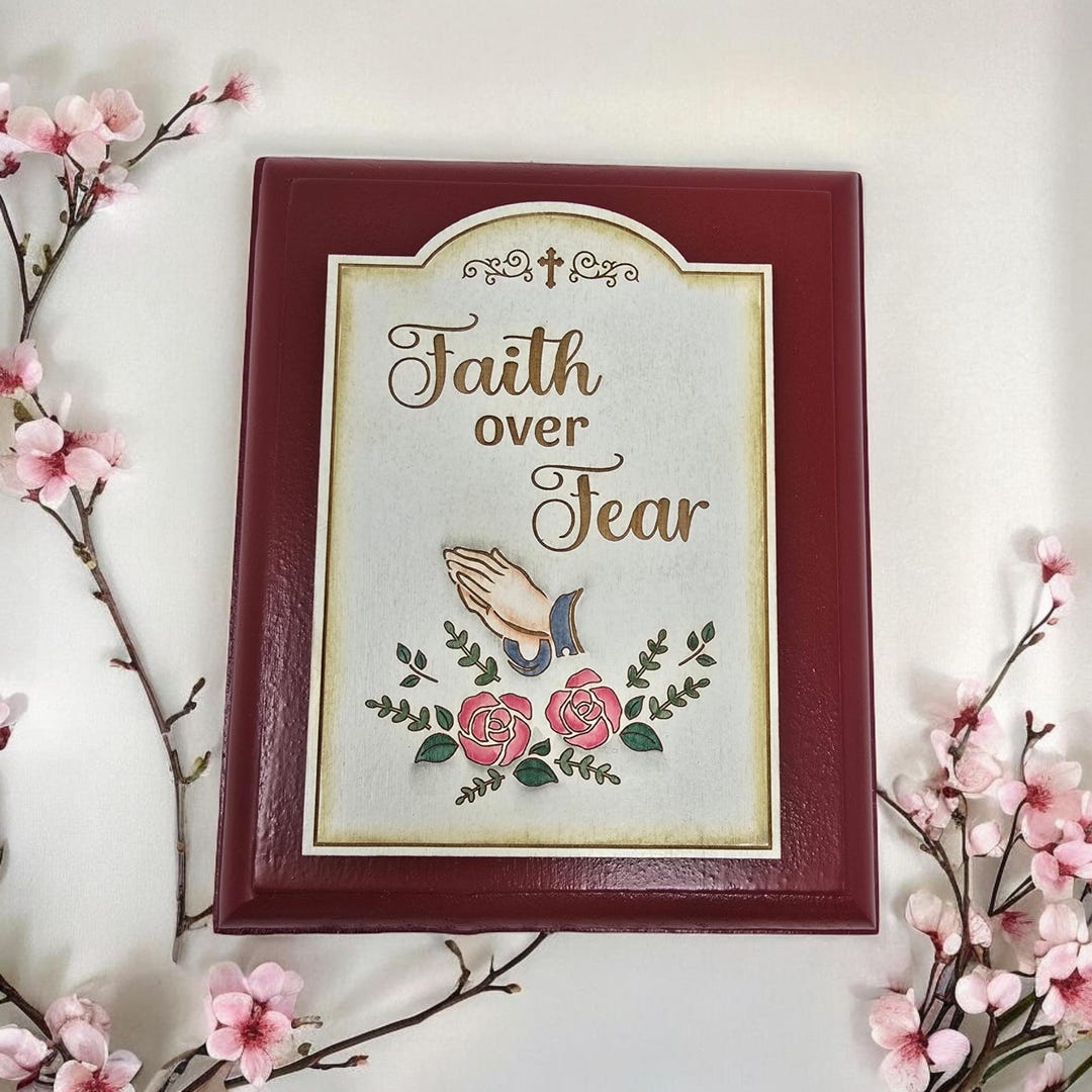 2 Pc. Faith Over Fear/wood Sign Plaque/hand-painted Roses/burgundy ...