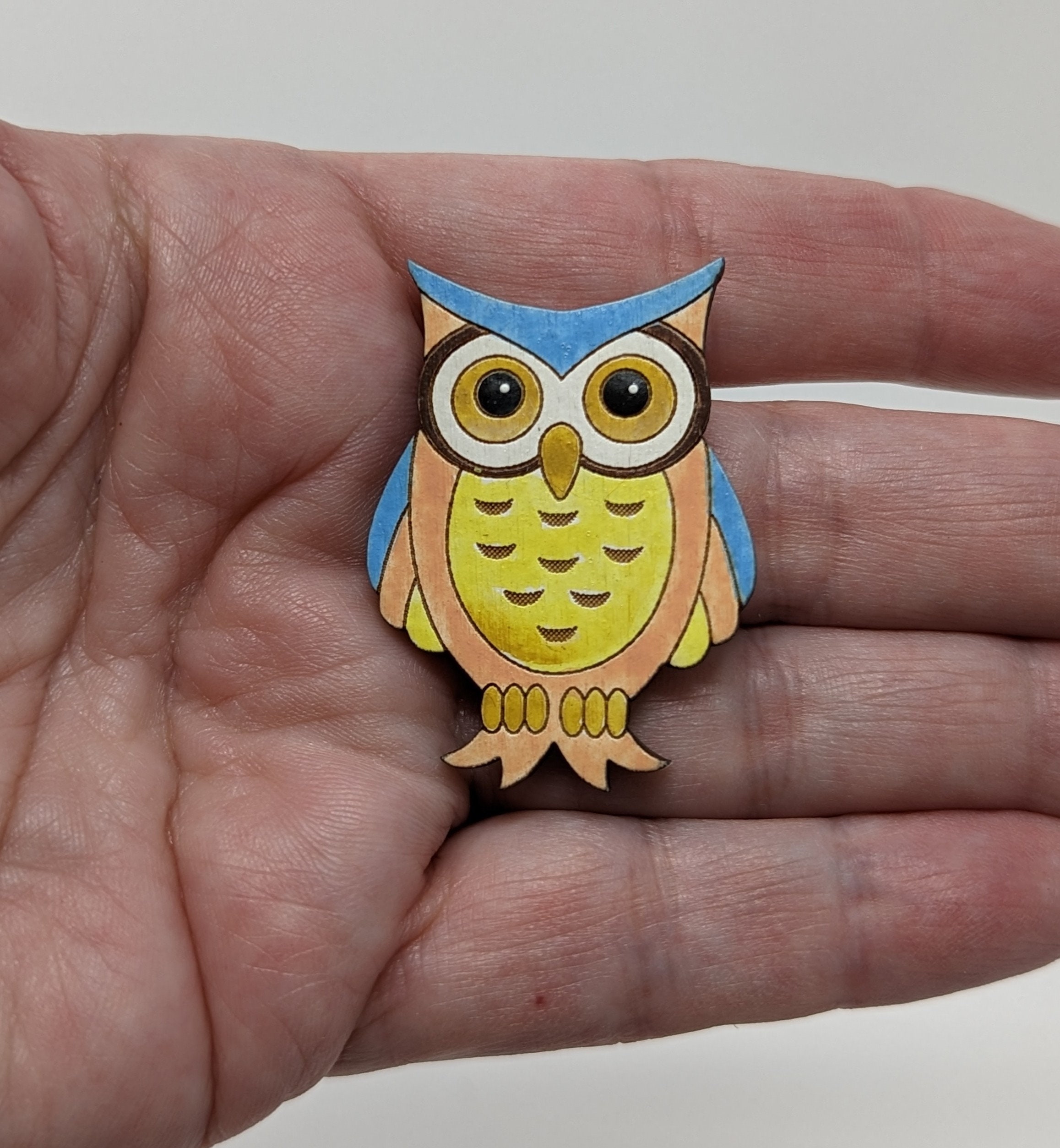 Whimsy Owl, Lapel Pin, Hand-painted Wood, or Magnet, Bird Art, Jewelry, Pins by Joanie, gifts for he