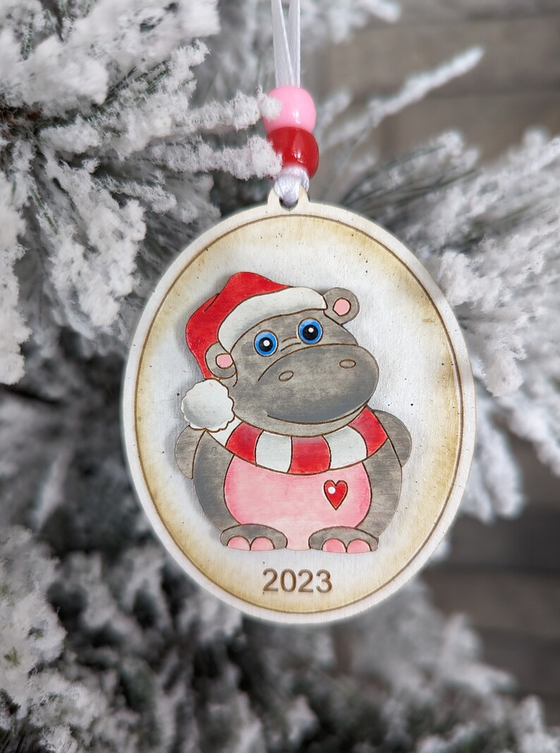 2024 Happy Hippo Christmas Ornament Handpainted Wood Art Can Be