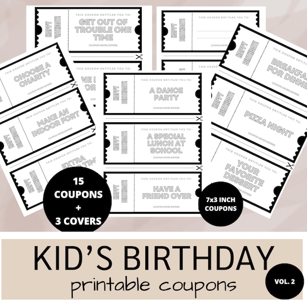 Kids Birthday Coupon Book Vol 2 | Printable Child Bday Present | Birthday Gift Vouchers for Boy Girl | Monochrome Children's Birthday
