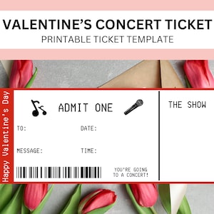 Überraschung Konzertkarte Vorlage | Druckbares Valentinstag Geschenk | Valentinstag Neuheit Musikkünstler Leistungsankündigung | Goldene Fahrkarte