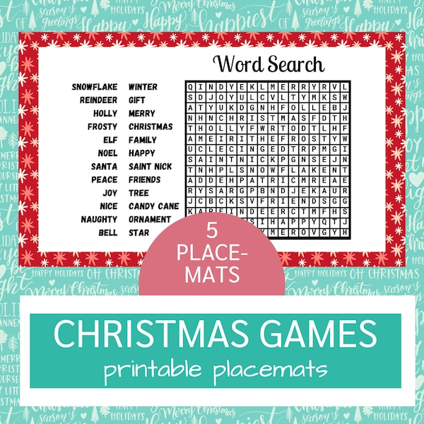 Christmas Placemats Kids Table Games Activity Pack | Holiday Party Paper Place Mats for Kids Table | XMas Child Games Printable Table Decor