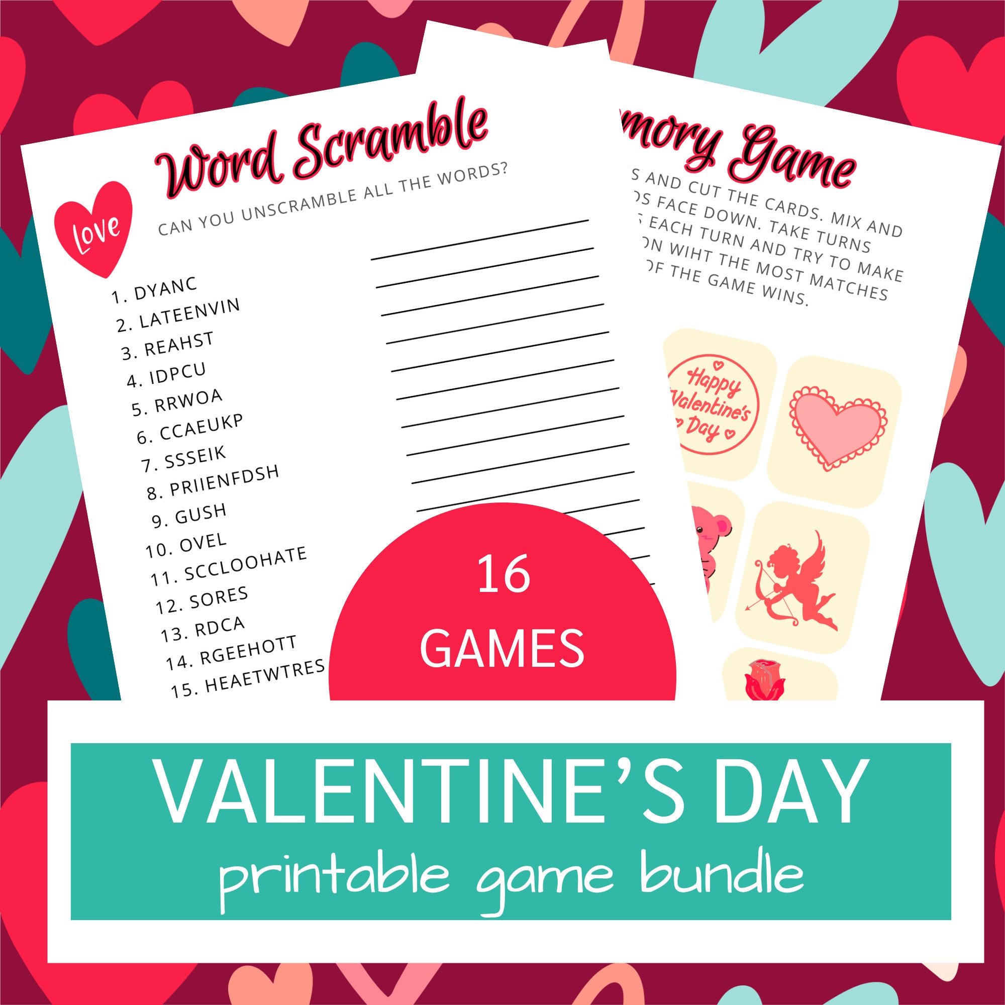 Valentine's Day Game Bundle: 16 Printable Activities (PDF)