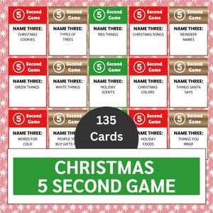 Puede incluir: Un juego de cartas con temática navideña con 135 cartas. El juego presenta cartas con indicaciones como "Christmas Cookies" y "Reindeer Names". El título del juego, "Christmas 5 Second Game", se muestra en texto verde.