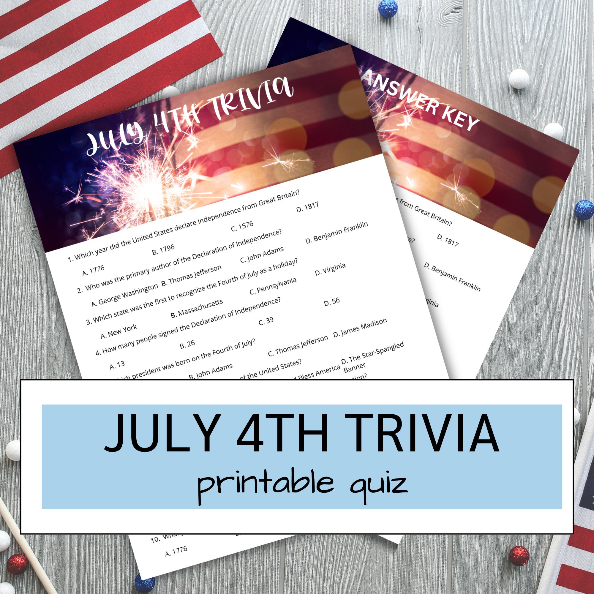 July 4th Quiz Printable Fourth of July Trivia Game USA Independence Day ...
