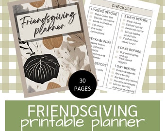 May include: A Friendsgiving planner with a floral design on the cover, featuring a checklist for planning the event. The planner has 30 pages and includes a checklist for tasks like setting the menu and decorating the home.
