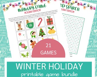 May include: A printable Winter Holiday game bundle featuring a memory game and a word search. The memory game includes festive images like a reindeer, Christmas tree, and candy cane. The word search is titled "Holiday Edition". The bundle includes 21 games.