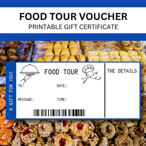 Op de afbeelding: Een witte, afdrukbare cadeaubon voor een foodtour. De bon heeft een sectie voor de naam van de ontvanger, de datum, de tijd en een bericht. De bon is versierd met een tekening van een koksmuts en een lepel.
