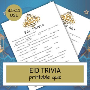 May include: A printable Eid Trivia quiz with questions and answers about the Islamic holiday. The quiz is designed for a classroom or family setting.
