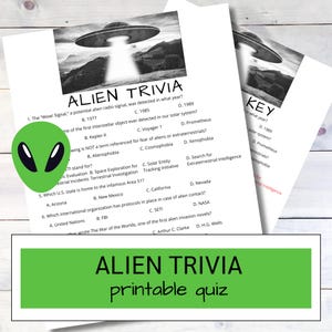 May include: A black and white printable Alien Trivia quiz with a UFO graphic. The quiz includes multiple-choice questions about extraterrestrial life and related topics. A green alien head graphic is also present.