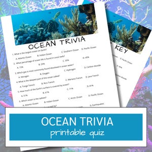 Op de afbeelding: Een afdrukbare quiz over de oceaan met vragen over de grootste oceaan, het leven in de oceaan en de diepste delen van de oceaan. De quiz bevat een sleutel en toont een afbeelding van een onderwaterkoraalrif. De tekst "OCEAN TRIVIA printable quiz" wordt weergegeven.