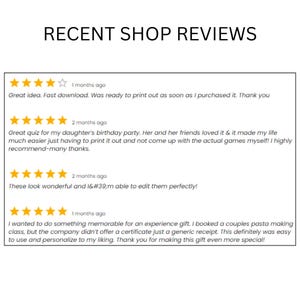 May include: A white background with the text "RECENT SHOP REVIEWS" in black. Below are customer reviews with star ratings and comments. The reviews mention fast downloads, birthday parties, and easy editing.