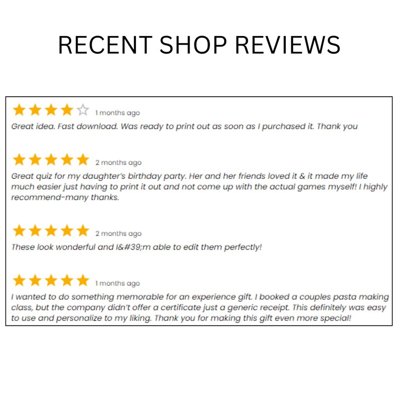 May include: A white background with the text "RECENT SHOP REVIEWS" in black. Below are customer reviews with star ratings and comments. The reviews mention fast downloads, birthday parties, and easy editing.