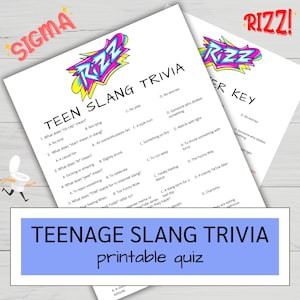 Puede incluir: Un cuestionario imprimible con el título "Teen Slang Trivia" en texto rosa, azul y verde. El cuestionario presenta preguntas sobre términos de jerga y sus significados. Las opciones de respuesta se enumeran en un formato de opción múltiple.