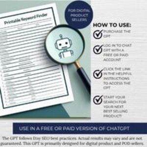Image of a sheet of paper that says printable product finder with a magnifying glass enlarging the image of a robot.