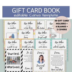 Plantilla de libro de tarjetas de regalo de Canva / Regalo de graduación personalizado / Ideas para regalos del primer apartamento / Kit de supervivencia universitario personalizado / Regalo de inauguración de la casa
