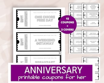 Anniversary Coupon Book | Printable Love Coupons | Gift Ideas for Spouse | Last Minute Gift for Her | Blank Coupon Template