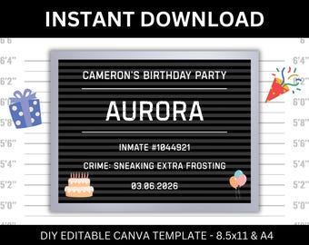 Kids Birthday Photo Prop | Mug Shot Signs | Mugshot Canva Template | DIY Inmate Board Editable Design with Crime and Caption Ideas
