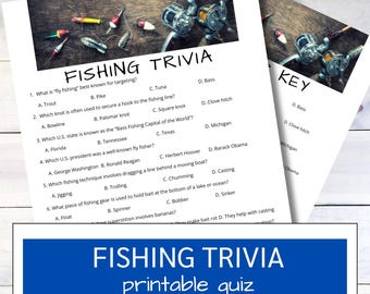May include: A printable fishing trivia quiz with a blue banner at the bottom. The quiz includes questions about fishing techniques, knots, and famous anglers. Fishing reels and lures are arranged on a wooden surface.