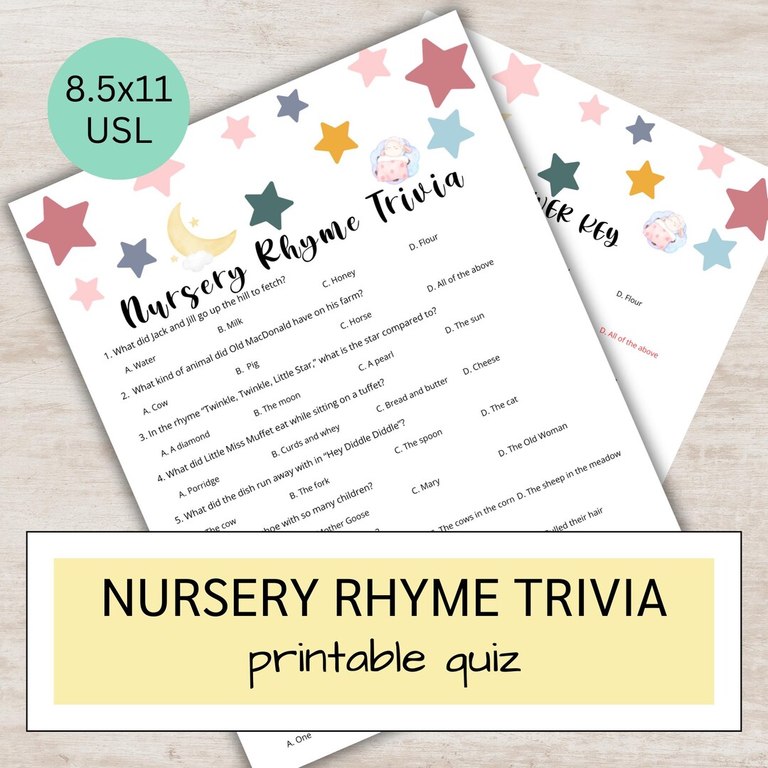Nursery Rhyme Trivia Printable | Baby Shower Game Ideas | Nursery Rhyme ...