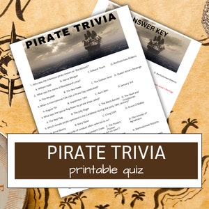 May include: A printable pirate trivia quiz with a black and white illustration of a pirate ship. The quiz has five multiple choice questions about pirates, including famous pirates, pirate ships, and pirate traditions.