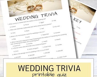 May include: A printable wedding trivia quiz with multiple-choice questions. The quiz includes questions about wedding traditions, with a gold wedding ring and a lace background. The text "WEDDING TRIVIA printable quiz" is displayed.